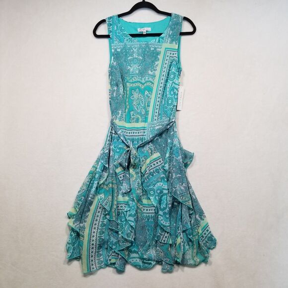 Robbie Bee 6 Turquoise Paisley Ruffle Layered Sleeveless Belted Midi Dress NEW - Picture 1 of 9